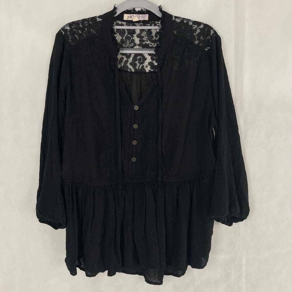 Black Lace Yoke Swiss Dot Babydoll Blouse XL Boho Dark Romantic Whimsigoth